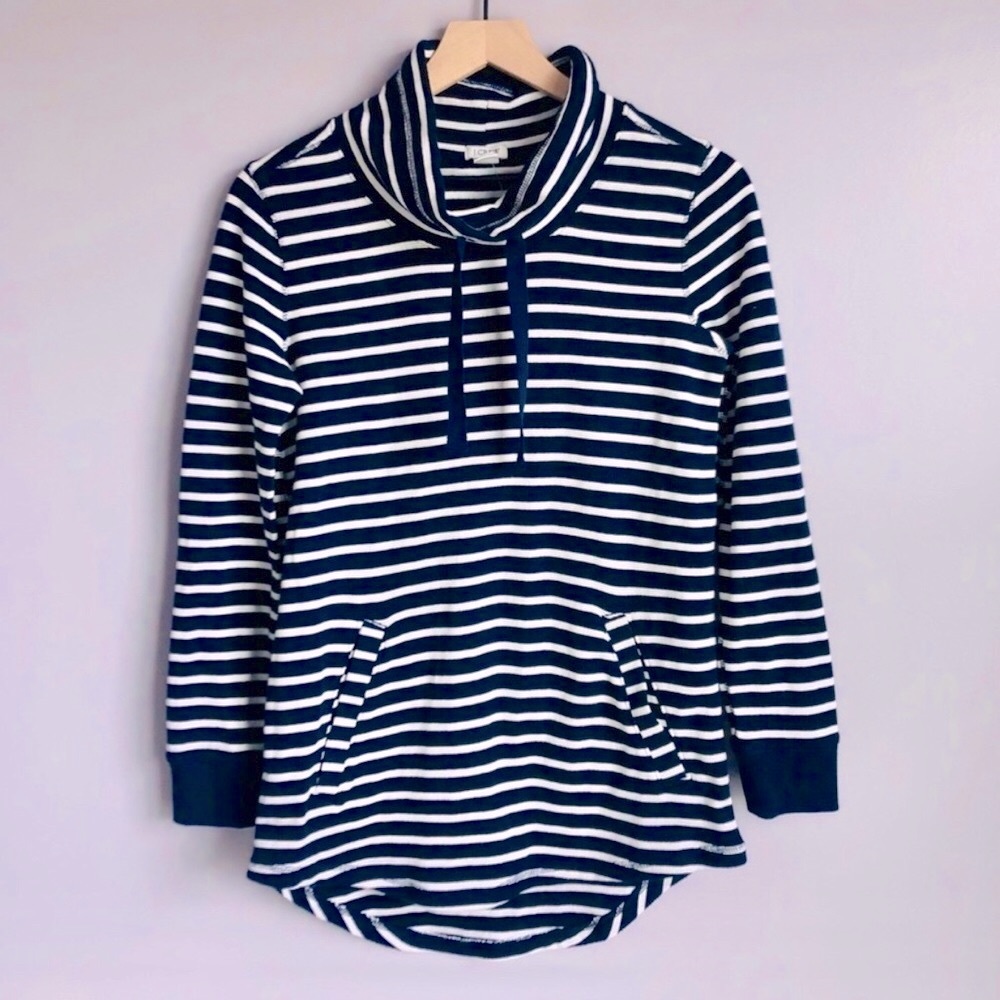New J. Crew Funnel Neck Waffle Texture Knit Striped Navy Blue White Top XS